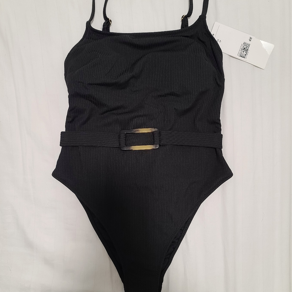 H&M High Cut Leg Removable Padded Cups One-Piece Black Swimsuit medium coverage